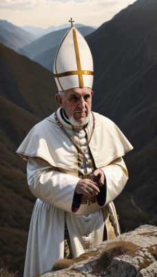 solo,looking at viewer,long sleeves,1boy,hat,holding,jewelry,closed mouth,standing,male focus,outdoors,sky,signature,necklace,black eyes,facial hair,white headwear,own hands together,cross,robe,mountain,realistic,bald,old,old man,latin cross,priest,mitre,capelet,ring,beard,beads,fantasy,cross necklace,prayer beads,fine art parody