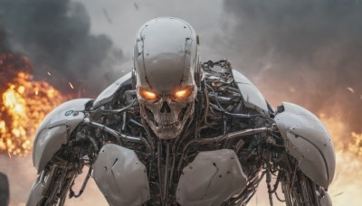 solo,looking at viewer,1boy,upper body,orange eyes,no humans,glowing,fire,robot,mecha,glowing eyes,smoke,science fiction,skull,cable,explosion,damaged,embers,mechanical parts,burning,humanoid robot,sparks,realistic,debris