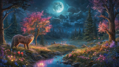 flower, outdoors, sky, cloud, water, tree, no humans, night, animal, moon, grass, star (sky), nature, night sky, scenery, full moon, forest, starry sky, reflection, rock, river, moonlight, deer