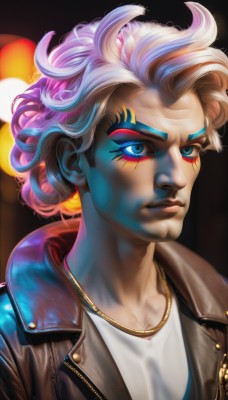 solo,looking at viewer,short hair,blue eyes,shirt,1boy,jewelry,closed mouth,blue hair,jacket,white shirt,upper body,pink hair,white hair,male focus,multicolored hair,open clothes,necklace,two-tone hair,open jacket,lips,makeup,glowing,facial hair,portrait,eyeshadow,realistic,nose,leather,leather jacket,blonde hair,purple hair,artist name,streaked hair,eyelashes,curly hair,serious,facepaint,facial tattoo,rainbow hair