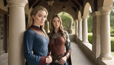 long hair,breasts,looking at viewer,smile,blue eyes,multiple girls,blonde hair,brown hair,long sleeves,dress,2girls,brown eyes,jewelry,medium breasts,braid,outdoors,day,belt,necklace,armor,tree,lips,blue dress,shoulder armor,french braid,pauldrons,realistic,fantasy,pillar,arch,column,parted lips,cape,siblings,sunlight