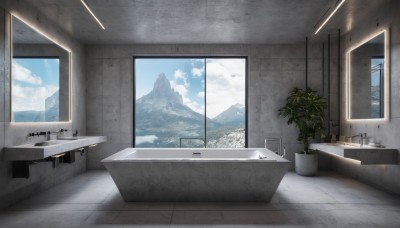 sky,day,cloud,indoors,tree,blue sky,no humans,window,table,cloudy sky,plant,curtains,scenery,mirror,mountain,tiles,potted plant,bathroom,bathtub,mountainous horizon,sink,faucet,chair,wooden floor,tile floor,stool,kitchen