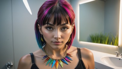 1girl,solo,looking at viewer,short hair,bangs,black hair,bare shoulders,brown eyes,jewelry,closed mouth,upper body,pink hair,purple hair,multicolored hair,earrings,indoors,necklace,black eyes,two-tone hair,dark-skinned female,lips,grey eyes,tank top,portrait,freckles,realistic,nose,bathroom,bathtub,sink,streaked hair,mirror,dirty