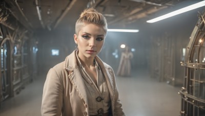 1girl,solo,looking at viewer,short hair,blonde hair,brown hair,brown eyes,jewelry,jacket,upper body,parted lips,open clothes,solo focus,indoors,necklace,blurry,black eyes,lips,coat,makeup,buttons,blurry background,single hair bun,science fiction,realistic,nose,blue eyes,hair bun,grey eyes