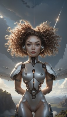 1girl,solo,long hair,breasts,looking at viewer,blue eyes,brown hair,brown eyes,medium breasts,cowboy shot,outdoors,sky,cloud,signature,dark skin,armor,dark-skinned female,lips,bodysuit,cameltoe,headphones,arms behind back,thigh gap,cloudy sky,skin tight,headset,science fiction,curly hair,breastplate,mountain,realistic,aircraft,nose,airplane,pilot suit,shoulder pads,cyborg,contrail,afro,blonde hair,standing,artist name,leotard,eyelashes,floating hair,headgear,watermark,wind,web address,forehead,backlighting