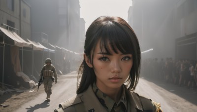 1girl,long hair,looking at viewer,bangs,brown hair,shirt,black hair,gloves,holding,brown eyes,jacket,weapon,outdoors,parted lips,multiple boys,necktie,solo focus,collared shirt,holding weapon,mole,uniform,lips,gun,military,mole under eye,military uniform,helmet,building,holding gun,rifle,walking,6+boys,realistic,assault rifle,soldier,1boy,shadow,sunlight,road