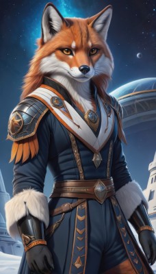 1girl,solo,long hair,looking at viewer,gloves,long sleeves,animal ears,jewelry,closed mouth,standing,tail,yellow eyes,cowboy shot,outdoors,sky,black gloves,belt,pants,artist name,necklace,armor,coat,orange eyes,fur trim,fox ears,night,moon,shoulder armor,gauntlets,gem,star (sky),night sky,furry,starry sky,fur collar,pauldrons,fantasy,furry female,arms at sides,vambraces,space,body fur,white fur,planet,snout,earth (planet),orange fur,orange hair