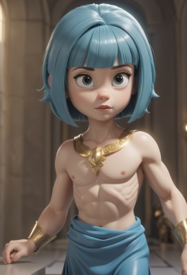 1girl,solo,looking at viewer,short hair,bangs,blue eyes,1boy,navel,jewelry,closed mouth,nipples,blue hair,standing,collarbone,male focus,cowboy shot,indoors,blunt bangs,necklace,blurry,black eyes,flat chest,bracelet,lips,loli,makeup,muscular,blurry background,abs,bob cut,aged down,pectorals,child,toned,topless male,female child,bracer,male child,artist name,watermark,genderswap,freckles,realistic,nose,ribs