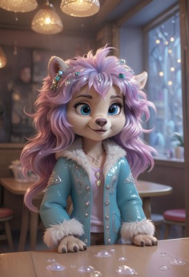 1girl,solo,long hair,smile,open mouth,blue eyes,shirt,hair ornament,long sleeves,animal ears,jewelry,jacket,pink hair,purple hair,open clothes,teeth,artist name,indoors,signature,necklace,blurry,fur trim,window,blurry background,watermark,table,blue jacket,gem,furry,ice,furry female,glass,body fur,white fur,stool,animal nose,blue coat,snout,looking at viewer,collarbone,upper body,earrings,parted lips,flat chest,lips,wavy hair,plant,web address,potted plant,shelf,vase,ceiling light