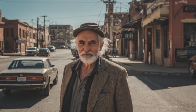 solo,shirt,1boy,hat,closed mouth,jacket,closed eyes,upper body,white hair,grey hair,male focus,outdoors,sky,day,collared shirt,coat,black headwear,facial hair,ground vehicle,building,facing viewer,grey shirt,motor vehicle,beard,brown jacket,city,realistic,mustache,car,road,house,old,power lines,old man,street,utility pole,fedora,photo background,town,looking at viewer,smile,white shirt,blurry,blue sky,depth of field,blurry background,thick eyebrows