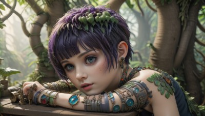 1girl,solo,looking at viewer,short hair,bangs,blue eyes,hair ornament,bare shoulders,jewelry,upper body,purple hair,earrings,outdoors,parted lips,sleeveless,day,blunt bangs,necklace,mole,blurry,bracelet,tree,lips,eyelashes,mole under eye,makeup,depth of field,blurry background,leaf,ring,plant,gem,nature,armlet,freckles,head rest,realistic,nose,mascara,multiple rings,black hair,teeth,artist name,from side,tattoo,pink lips,bangle,gold