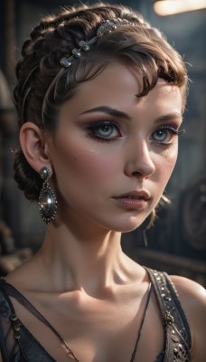 1girl,solo,breasts,looking at viewer,short hair,blue eyes,brown hair,hair ornament,cleavage,bare shoulders,jewelry,collarbone,upper body,earrings,parted lips,teeth,indoors,necklace,hair bun,mole,blurry,lips,grey eyes,eyelashes,mole under eye,makeup,depth of field,blurry background,single hair bun,gem,portrait,freckles,realistic,nose,mole on cheek,black hair,dress,green eyes,piercing,tiara