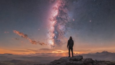 solo,short hair,long sleeves,1boy,standing,jacket,male focus,outdoors,sky,pants,cloud,hood,from behind,hoodie,night,black pants,star (sky),night sky,scenery,starry sky,sunset,rock,mountain,facing away,wide shot,twilight,mountainous horizon,sunrise,black hair,shoes,cloudy sky,horizon,milky way