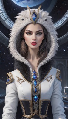 1girl,solo,long hair,looking at viewer,brown hair,long sleeves,brown eyes,jewelry,upper body,parted lips,hood,lips,coat,fur trim,makeup,crown,lipstick,gem,star (sky),corset,realistic,nose,red lips,space,planet,earth (planet),breasts,black hair,eyeshadow,hood up,straight-on,red gemstone