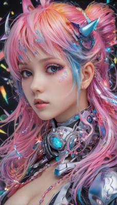 1girl,solo,long hair,breasts,looking at viewer,bangs,blue eyes,hair ornament,cleavage,jewelry,medium breasts,blue hair,upper body,pink hair,multicolored hair,earrings,parted lips,two-tone hair,lips,grey eyes,eyelashes,gradient hair,makeup,headgear,facial mark,piercing,lipstick,portrait,eyeshadow,freckles,science fiction,realistic,nose,eyeliner,mascara,large breasts,ahoge,horns,artist name,necklace,hair bun,double bun,ear piercing,pink lips,cyberpunk