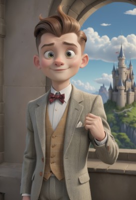 solo,looking at viewer,smile,brown hair,long sleeves,1boy,bow,green eyes,standing,jacket,male focus,outdoors,sky,day,pants,cloud,bowtie,vest,red bow,blue sky,formal,suit,building,clenched hand,red bowtie,male child,castle,traditional bowtie,brown vest,church,brown eyes,artist name,tree,watermark,fantasy