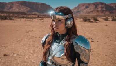 1girl,solo,long hair,brown hair,brown eyes,closed mouth,upper body,outdoors,day,armor,blurry,lips,looking to the side,headphones,shoulder armor,science fiction,curly hair,pauldrons,breastplate,mountain,realistic,desert,braid,dark skin,dark-skinned female,parody,lens flare,sand