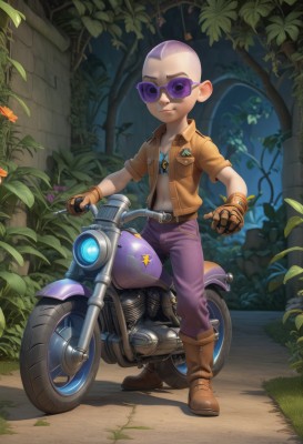 solo,gloves,1boy,navel,jacket,full body,flower,male focus,boots,outdoors,open clothes,belt,pants,artist name,fingerless gloves,star (symbol),open jacket,tree,leaf,brown footwear,sunglasses,plant,ground vehicle,motor vehicle,buckle,brown gloves,brown jacket,bald,very short hair,leather,motorcycle,leather jacket,leather gloves,leather boots,looking at viewer,smile,jewelry,necklace,aged down,goggles,tinted eyewear,purple pants,aviator sunglasses