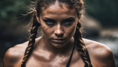 1girl,solo,long hair,looking at viewer,blue eyes,brown hair,bare shoulders,closed mouth,braid,pointy ears,blurry,twin braids,lips,grey eyes,depth of field,blurry background,messy hair,portrait,freckles,realistic,nose,dirty,blonde hair,black hair,scar,hair over shoulder,close-up,dirty face