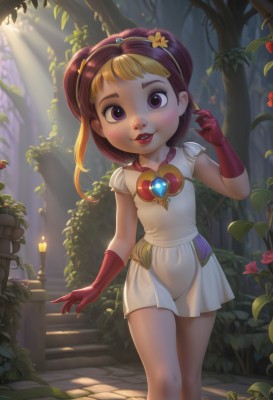 1girl,solo,long hair,looking at viewer,blush,smile,skirt,blonde hair,brown hair,hair ornament,gloves,dress,jewelry,standing,purple eyes,flower,short sleeves,red hair,multicolored hair,hairband,outdoors,parted lips,teeth,white dress,two-tone hair,tree,lips,rose,short dress,sunlight,aged down,plant,brooch,gem,child,nature,red gloves,forest,light rays,stairs,female child,short hair,open mouth,bangs,hand up,loli,realistic,candle