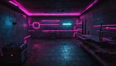 indoors,no humans,night,glowing,chair,table,scenery,science fiction,door,tiles,light,dark,tile floor,neon lights,weapon,wall,brick wall