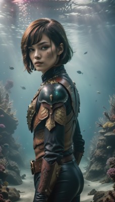 1girl,solo,looking at viewer,short hair,bangs,brown hair,black hair,gloves,brown eyes,closed mouth,standing,ass,cowboy shot,parted lips,belt,pants,water,armor,mole,from side,lips,mole under eye,bodysuit,sunlight,shoulder armor,gauntlets,fish,pauldrons,light rays,breastplate,rock,underwater,realistic,nose,vambraces,air bubble,leather,coral,plate armor,seaweed,blue eyes,black eyes,dirty,dirty face,aquarium