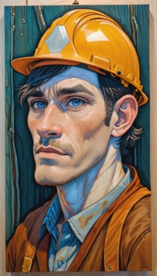 solo,looking at viewer,short hair,blue eyes,shirt,black hair,1boy,hat,closed mouth,male focus,parted lips,collared shirt,signature,lips,facial hair,border,helmet,blue shirt,portrait,beard,realistic,mustache,stubble,manly,yellow headwear,hardhat,jacket,upper body,artist name,thick eyebrows,nose