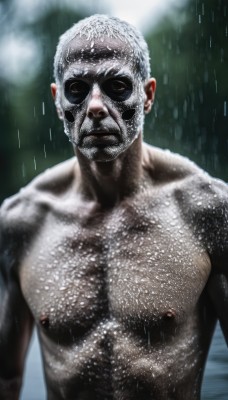 solo,looking at viewer,1boy,closed mouth,nipples,collarbone,upper body,white hair,male focus,nude,water,blurry,wet,mask,pectorals,rain,realistic,closed eyes,muscular,blurry background,parody,abs,muscular male,manly,chest hair