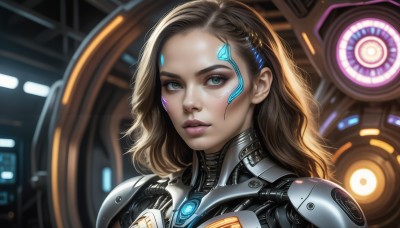 HQ,1girl,solo,long hair,looking at viewer,brown hair,hair ornament,brown eyes,upper body,parted lips,medium hair,armor,blurry,lips,grey eyes,bodysuit,makeup,portrait,science fiction,realistic,nose,cyborg,power armor,green eyes,eyelashes,glowing,facial mark,close-up,forehead,eyeshadow,eyeliner,cyberpunk