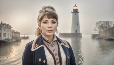 1girl,solo,looking at viewer,bangs,brown hair,shirt,brown eyes,jewelry,closed mouth,jacket,upper body,ponytail,earrings,outdoors,water,hair bun,tree,lips,buttons,blue jacket,building,realistic,watercraft,river,ship,boat,grey sky,parted lips,sky,single hair bun,tiara,scenery,reflection,bare tree