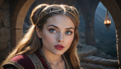 1girl,solo,long hair,looking at viewer,blue eyes,blonde hair,brown hair,hairband,parted lips,teeth,indoors,hair bun,blurry,lips,grey eyes,eyelashes,depth of field,blurry background,portrait,lantern,realistic,fantasy,red lips,double bun,forehead,freckles