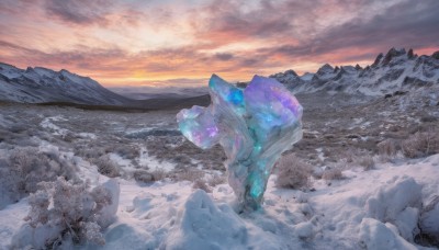 outdoors,sky,cloud,tree,no humans,cloudy sky,gem,nature,scenery,snow,sunset,ice,crystal,rock,mountain,fantasy,winter,landscape,mountainous horizon,gradient sky,orange sky,water,reflection,frozen