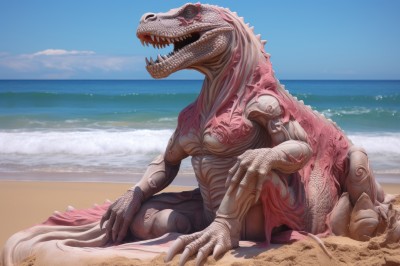 solo,open mouth,red eyes,sitting,tail,outdoors,sky,teeth,day,artist name,cloud,water,blue sky,no humans,ocean,beach,sharp teeth,claws,science fiction,monster,realistic,sand,scales,alien,dinosaur,kaijuu,signature