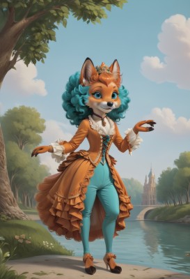 1girl,solo,breasts,looking at viewer,smile,blue eyes,shirt,long sleeves,dress,animal ears,jewelry,blue hair,standing,tail,full body,flower,small breasts,outdoors,frills,green hair,open clothes,sky,shoes,teeth,choker,day,pants,artist name,cloud,hand up,signature,water,necklace,grin,high heels,flat chest,tree,blue sky,animal ear fluff,fox ears,aqua hair,fox tail,watermark,brown footwear,happy,frilled dress,grass,tiara,frilled sleeves,brooch,fox girl,building,gem,claws,corset,furry,curly hair,animal hands,jeans,furry female,blue pants,center frills,body fur,white fur,animal nose,river,castle,tower,orange dress,snout,lake,brown fur,two-tone fur,pond,multicolored hair,orange hair,aqua eyes,crown,orange fur