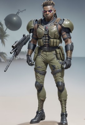 solo,looking at viewer,blonde hair,brown hair,red eyes,gloves,1boy,jewelry,standing,full body,weapon,male focus,earrings,boots,belt,pants,dark skin,pink eyes,armor,uniform,vest,gun,military,military uniform,dark-skinned male,shoulder armor,rifle,pouch,assault rifle,knee pads,camouflage,explosive,mohawk,dreadlocks,helicopter,load bearing vest,camouflage pants,body armor,short hair,bangs,black hair,braid,outdoors,teeth,alternate costume,black gloves,shiny,tree,glowing,glowing eyes,brown gloves,black belt,armored boots,undercut,green pants,machine gun,grenade