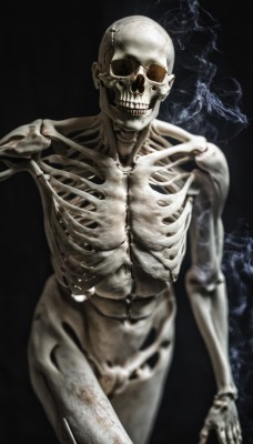 solo,looking at viewer,1boy,standing,monochrome,male focus,nude,cowboy shot,teeth,signature,blurry,completely nude,black background,skull,bald,ribs,skeleton,bone,horror (theme),spine,simple background,no humans,sunglasses,no eyes