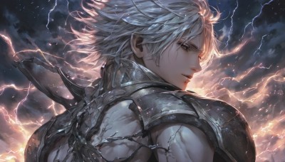 solo,short hair,bangs,1boy,closed mouth,upper body,white hair,male focus,outdoors,parted lips,sky,cloud,signature,armor,from side,grey eyes,profile,muscular,cloudy sky,wind,shoulder armor,pauldrons,electricity,manly,lightning,looking at viewer,grey hair,looking back,from behind,scar,portrait,realistic