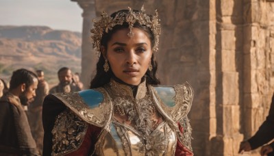 1girl,long hair,looking at viewer,brown hair,black hair,hair ornament,brown eyes,jewelry,closed mouth,upper body,earrings,outdoors,multiple boys,solo focus,day,armor,blurry,lips,depth of field,blurry background,facial hair,tiara,crown,shoulder armor,beard,6+boys,pauldrons,breastplate,realistic,multiple girls,sky