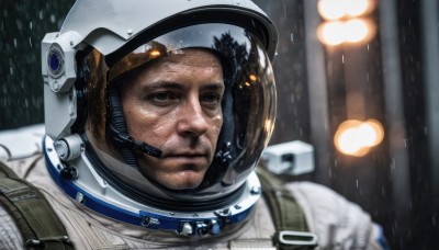 solo,1boy,brown eyes,closed mouth,upper body,male focus,signature,dark skin,blurry,blurry background,facial hair,helmet,portrait,science fiction,rain,realistic,spacesuit,astronaut,black hair,mole,black eyes,headset,reflection,serious,space,space helmet