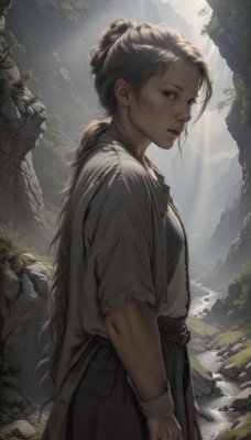 1girl,solo,long hair,breasts,looking at viewer,blush,blonde hair,brown hair,brown eyes,standing,outdoors,parted lips,day,water,hair bun,from side,lips,sunlight,freckles,rock,mountain,realistic,shirt,black hair,holding,white shirt,ponytail,weapon,belt,nature,nose