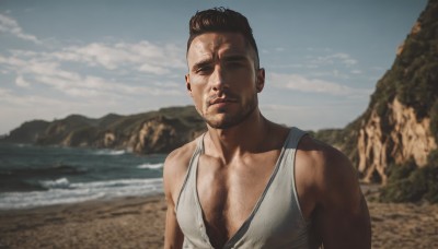 solo,looking at viewer,smile,short hair,brown hair,shirt,black hair,1boy,closed eyes,upper body,male focus,outdoors,sky,day,cloud,dark skin,water,blurry,muscular,blurry background,facial hair,beach,dark-skinned male,tank top,pectorals,muscular male,beard,realistic,mustache,sand,stubble,manly,white tank top,chest hair,pectoral cleavage,photo background,arm hair,bare shoulders,closed mouth,white shirt,blue sky,ocean,bara,large pectorals,sideburns,mountain,undercut