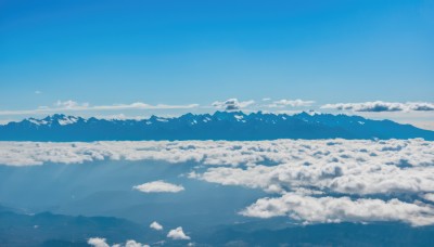 monochrome,outdoors,sky,day,cloud,blue sky,no humans,cloudy sky,nature,scenery,blue theme,mountain,horizon,landscape,mountainous horizon,above clouds,signature,bird,sunlight,flock