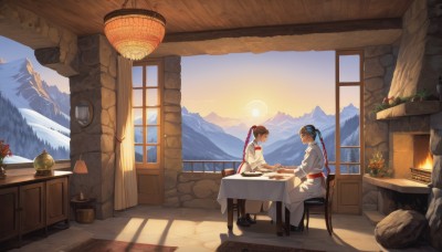 1girl,long hair,smile,short hair,bangs,brown hair,black hair,long sleeves,1boy,ribbon,holding,jewelry,sitting,ponytail,braid,flower,earrings,boots,outdoors,food,sky,shoes,day,cloud,indoors,wide sleeves,black footwear,looking at another,from side,tree,cup,book,sash,window,profile,shadow,chair,chinese clothes,table,sunlight,fire,plant,curtains,red flower,scenery,plate,sunset,robe,lantern,wooden floor,rock,mountain,sun,potted plant,lamp,teapot,wall,architecture,vase,kitchen,mountainous horizon,jar,painting (object),carpet,drawer,hanfu,rug,cabinet,stove,fireplace,chest of drawers,lattice,single braid,headband,clock