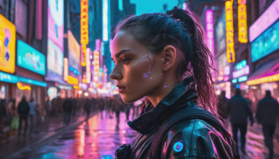 1girl, long hair, black hair, upper body, ponytail, solo focus, blurry, from side, lips, profile, blurry background, science fiction, realistic, nose, cyborg, cyberpunk, neon lights