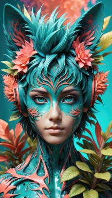 1girl,solo,looking at viewer,short hair,blue eyes,hair ornament,1boy,animal ears,closed mouth,green eyes,blue hair,upper body,flower,male focus,artist name,cat ears,hair flower,blurry,aqua eyes,lips,eyelashes,aqua hair,makeup,colored skin,headphones,leaf,blue background,plant,portrait,androgynous,pink flower,nose,watermark,web address,aqua background