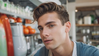 solo,looking at viewer,short hair,brown hair,shirt,1boy,brown eyes,jacket,white shirt,upper body,male focus,parted lips,food,teeth,indoors,blurry,black eyes,lips,grey eyes,depth of field,blurry background,facial hair,blue jacket,portrait,realistic,shelf,shop,smile,blue eyes,outdoors,japanese clothes,kimono,photo background