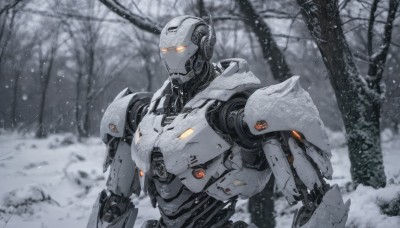 solo,1boy,upper body,outdoors,tree,orange eyes,no humans,glowing,robot,nature,mecha,glowing eyes,snow,forest,science fiction,snowing,winter,bare tree,looking ahead,humanoid robot,male focus