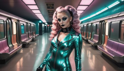 1girl,solo,long hair,breasts,gloves,cleavage,twintails,jewelry,medium breasts,standing,pink hair,earrings,bodysuit,makeup,sunglasses,lipstick,eyeshadow,science fiction,curly hair,black bodysuit,latex,black lips,blue eyes,multicolored hair,choker,collar,facial mark,piercing,ground vehicle,motor vehicle,zipper,train