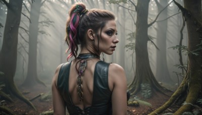 1girl,solo,long hair,breasts,looking at viewer,blue eyes,brown hair,black hair,hair ornament,bare shoulders,jewelry,medium breasts,upper body,ponytail,pink hair,multicolored hair,earrings,outdoors,parted lips,choker,looking back,necklace,from behind,two-tone hair,tree,lips,tattoo,gradient hair,profile,makeup,back,piercing,nature,forest,realistic,nose,hair pulled back,dress,brown eyes,eyeshadow