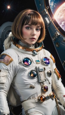 1girl,solo,looking at viewer,short hair,bangs,blue eyes,blonde hair,brown hair,upper body,parted lips,signature,star (symbol),lips,makeup,bob cut,helmet,star (sky),headwear removed,freckles,science fiction,realistic,nose,sun,space,planet,earth (planet),american flag,spacecraft,helmet removed,spacesuit,japanese flag,space helmet,astronaut,moon,emblem,badge,dirty,american flag print